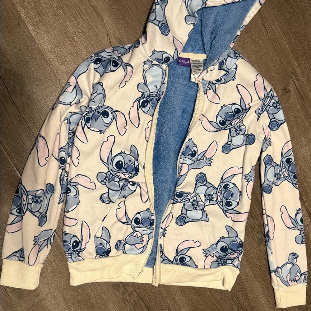 Stitch Printed Hooded Zip Jacket in Cream & Blue